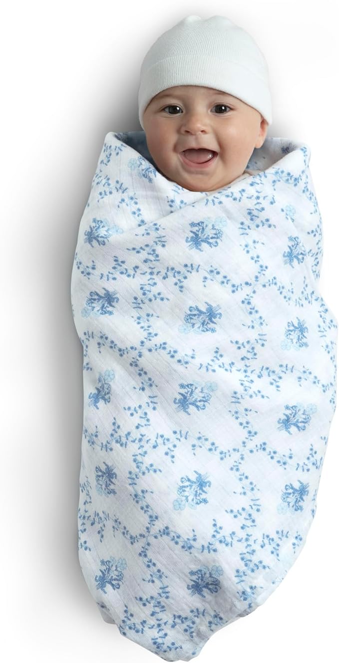 Delta Children 100% Cotton Muslin Baby Receiving Blankets for Girls and Boys – 47x47 Inches (Pack of 2), Blue Botanicals