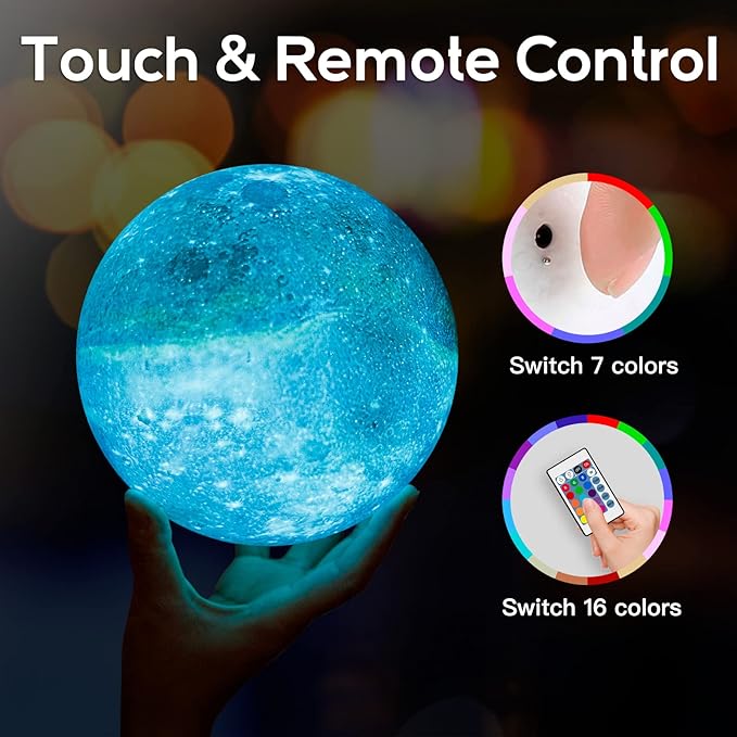 BRIGHTWORLD 7.1inch Galaxy Lamp 16 Colors Moon Lamp 3D Printing, Remote & Touch Control USB Rechargeable, Birthday Gifts for Women Room Decor Aesthetic(Black Hand Base)