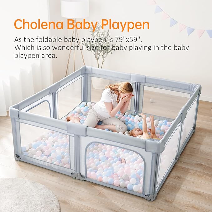 Cholena 79"x59" Foldable Baby Playpen with Bottom – Play Yard for Contained Play Space, Indoor Safety Fence with Zipper Door(Light Grey)