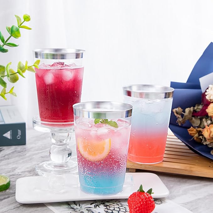 supernal 200pcs Silver Plastic Cups,12oz Clear Plastic Cups Tumblers,Silver Rimmed Cup,Elegant Party Cup,Premium Disposable Cup,Clear Party Cup,Wine Glasses for Party