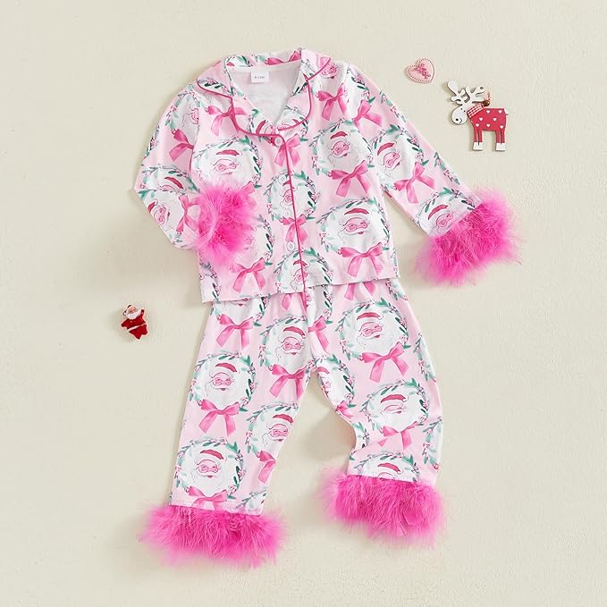 Toddler Kids Baby Girl Solid Pjs Ruffle Long Sleeve Button Shirt Top and Pants Cotton 2Piece Pajamas Set