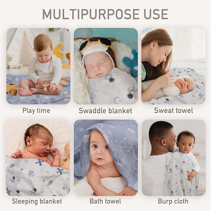 GLLQUEN BABY Receiving Blanket Boy Cotton Muslin Swaddle Blankets Girl Newborn Squares Breathable & Soft Thin Baby Blankets Cloths Double Absorbent Infant Swaddling Wrap - 6 Pack (Blue Astronaut)