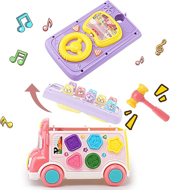 Music Activity Bus Baby Toy, Infant Education Learn Car, Sound & Light, Interactive Game, Shape Sorter, Animal Matching, Holiday Birthday Present for Toddler Kid Boy Girl 3 4 5 6 7 Years (Pink)