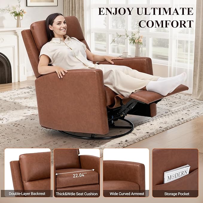 COLAMY Recliner Chair, PU Leather 360° Swivel Rocker Recliner, Nursery Glider Recliner with Ergonomic High Backrest and Upholstered Deep Seat for Living Room, Bedroom, Color Cocoa