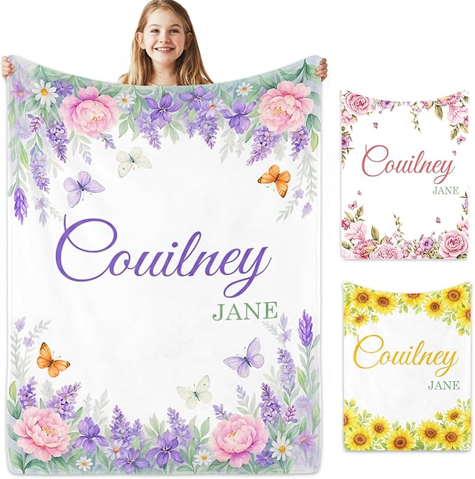 Personalized Baby Blanket with Name, Custom Name Blanket for Kids Soft Flanne Blankets in Easter Personalized Baby Gifts for Infant Newborn Shower (Purple-3)