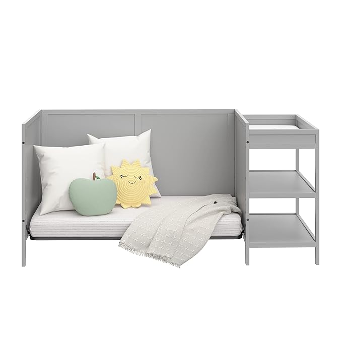 Graco Theo 5-in-1 Convertible Crib & Changer (Pebble Gray) GREENGUARD Gold Certified, Converts to Daybed, Toddler Bed, Full Size Bed, Fits Standard Full-Size Crib Mattress, Adjustable Mattress Height