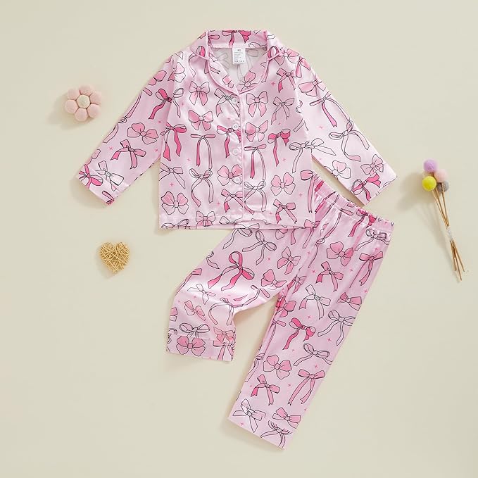 Toddler Kids Baby Girl Solid Pjs Ruffle Long Sleeve Button Shirt Top and Pants Cotton 2Piece Pajamas Set