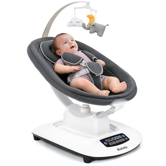 Ezebaby Baby Swing for Infants and Newborns with 5 Unique Motions, Adjustable Speed and Positions, Lullabies, Infant Swing with 5-Point Harness, Baby Swing for Newborn Babies 0-9 Months Grey