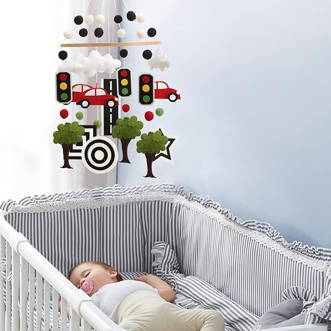 High Contrast Mobile - Black and White Crib Mobile for Development with red Cars, Green Trees and Black and White Patterns