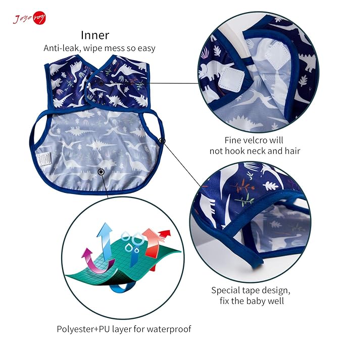Joyo roy Mess Proof Baby Bibs 6-12 Months Waterproof Toddler Baby Boy Bibs for Eating Machine Washable Sleeveless Smock Bib Travel Reusable Led Weaning Apron for Feeding Bib with Food Catcher