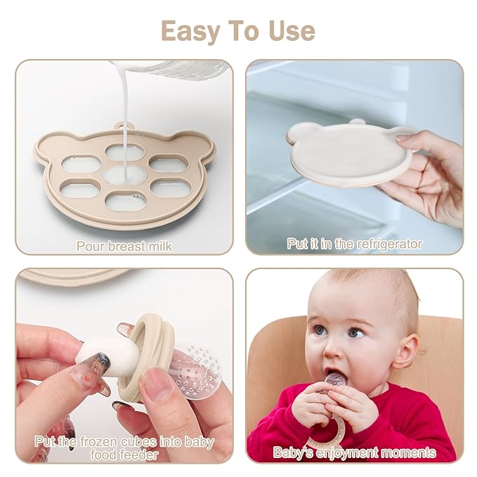 4 Pack Silicone Teething Mitten for Babies with Baby Fruit Food Feeder & Freezer Tray Set, BPA Free Infant Teething Relief Toy for 3 Month+, Additional Silicone Sacs (Bear&Smile Beige)