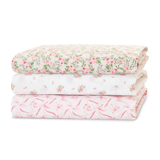 Delta Children Fitted Crib Sheets for Girls and Boys - Crib Sheet for Standard Crib and Toddler Mattresses - 28x52 Inch (Pack of 3), Pink Floral