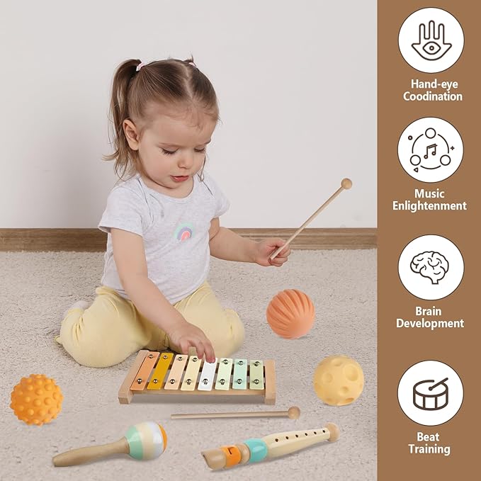 Baby Toys 6-12 Months Montessori Toys for Babies 6-12-18 Months,Wooden Stacking Building Blocks,Infant Teething Toys Sensory Balls,Xylophone Musical Toy,Birthday Gift for Toddlers 1+ Year Old (6 in 1)