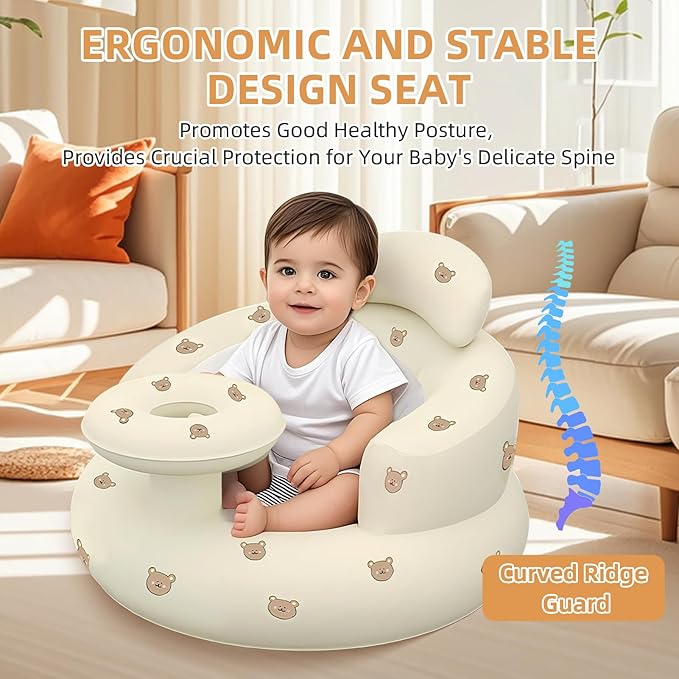 Inflatable Baby Seat with Tray, Blow up Infant Chair for Babies 3 Months and up, Comfortable Baby Floor Seats for Sitting Up, Built in Air Pump with Back Support Toddler Waterproof Sofa (Bear)
