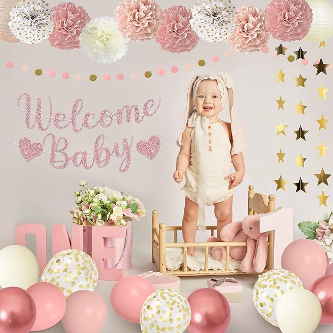 Amandir Dusty Pink Girl Baby Shower Decorations Welcome Baby Banner, Cake Topper, Paper Lanterns, Gold Balloons Pom Poms Flowers Tassels, Circle Dots Star Garland Gender Reveal Birthday Party Supplies