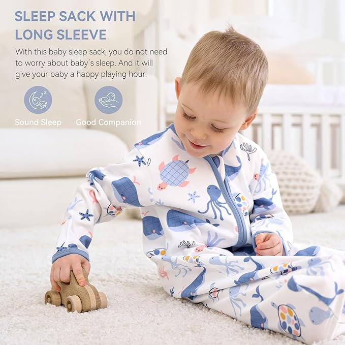 Baby Sleep Sack 6-12 Months, Long Sleeve Baby Wearable Blanket 0.5 Tog with Mittens, 2-Way Zipper Infant Cotton Sleeping Sack for Boy and Girl Blue Sea 2 Pack (Medium)