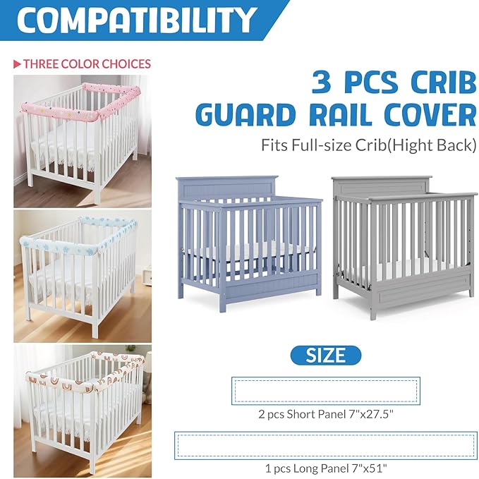 3 in 1 Crib Rail Covers for Teething,Soft Breathable Anti-Collision Crib Teething Rail Cover Edge Protector Strip(2025 New) (Kahki-Rainbow)