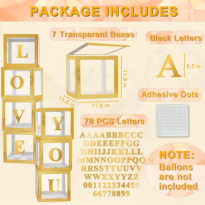 Ledido Gold Transparent Balloon Boxes with 78 Letters, Baby Boxes with Letters for Baby Shower Clear Letter Boxes for Party Graduation Wedding Birthday Baby Shower Decorations 7 PCS