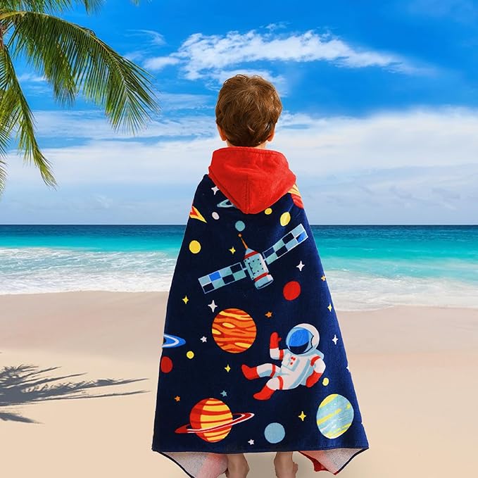 VOOVA & MOVAS Kids Hooded Towels Age 3-10, 30''X50,Soft | Thick | Absorbent Cotton Beach, Bath, Pool Towel | Wrap, Oversized for Boys Girls | Space Theme