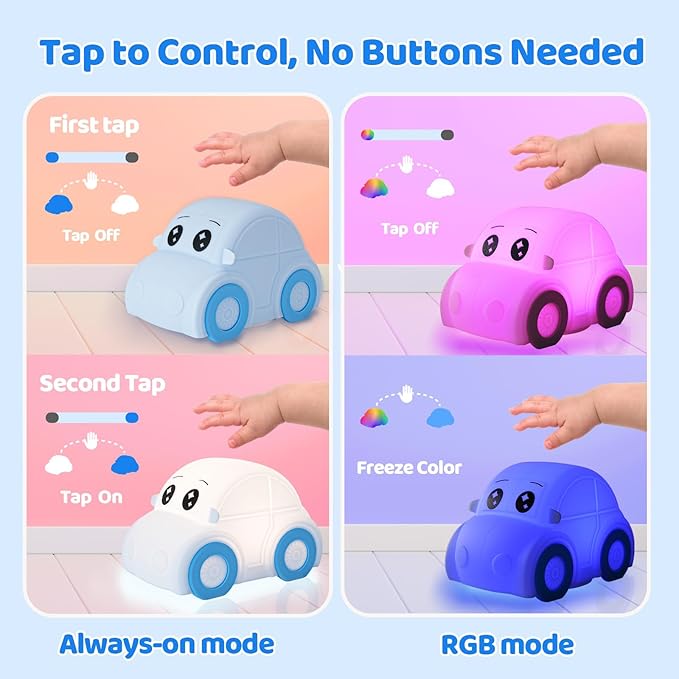 Car Night Light for Kids, Color Changing+Dimmable+1800mAh Rechargeable+Timer+Silicone, Squishy Touch Toddler Night Light, Novelty Nursery Nightlight for Kids Room, Funny Gifts, Boys, Baby