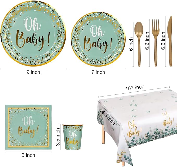 141PCS Sage Greenery Baby Shower Party Supplies Disposable OH Baby Tablecloth Paper Plates Napkins Cups Knives Spoons Forks for Boy Girl Birthday Party Decorations Serve 20