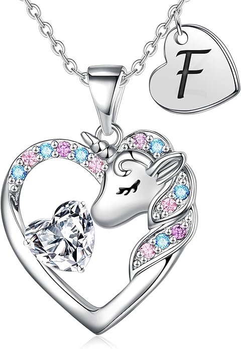 Unicorn Necklace Gifts for Girls Kids - Colorful CZ Heart Initial Necklaces Unicorn Necklace for Girls Jewelry Birthday Gifts for Little Girl Kids