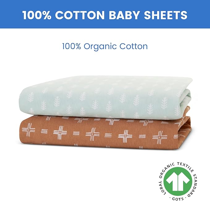Delta Children Fitted Crib Sheets for Girls and Boys - 100% Organic Cotton Crib Sheet for Standard Crib and Toddler Mattresses - 28x52 Inch - GOTS Certified (Pack of 2), Neutral Boho
