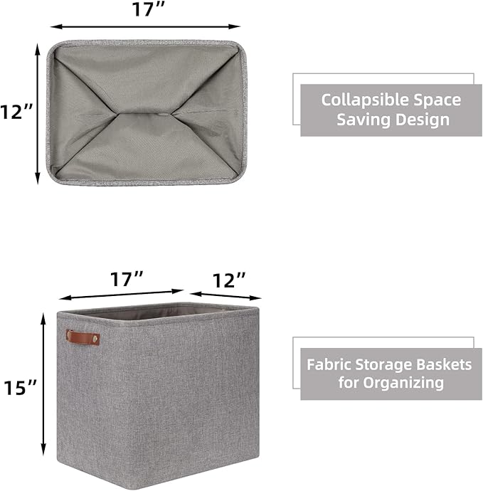 HNZIGE Tall Storage Baskets for Shelves, Rectangular Fabric Organizer with Handles, Decorative Closet Storage Bins (Grey)