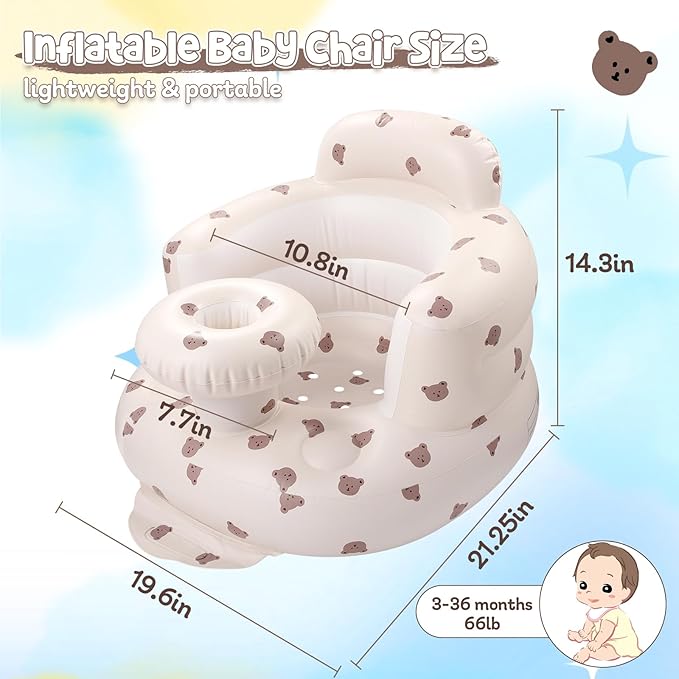 Arscniek Inflatable Baby Seat Built in Air Pump, Blow Up Baby Chair with Back Support and Tray, Sit Me Up Floor Seat for Babies 3-36 Months, Portable Infant Chairs for Indoor and Outdoor - Bear Head