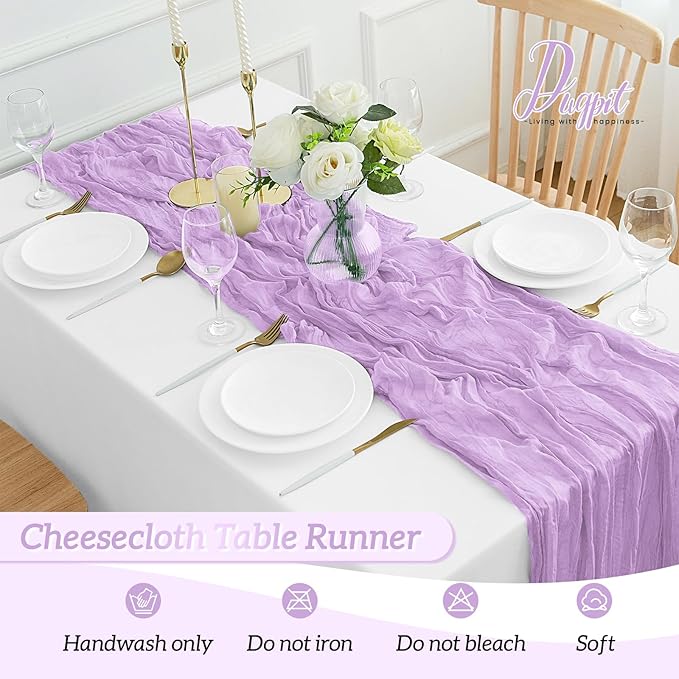 12Pack Lavender Table Runner 10FT Cheesecloth Table Runner 35x120inch Cheese Cloth Table Runners Rustic Boho Gauze Table Runners for Party Wedding Birthday Dining Bridal Shower Baby Shower Decor