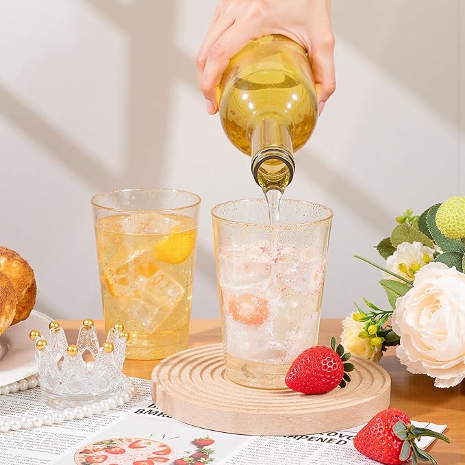 supernal 100pcs Gold Plastic Cups 12 oz, Glitter Clear Disposable Cups Heavy Duty, Fancy Plastic Cocktail Tumblers for Wedding, Thanksgiving, Christmas, Parties Champagne & Mixed Drinks