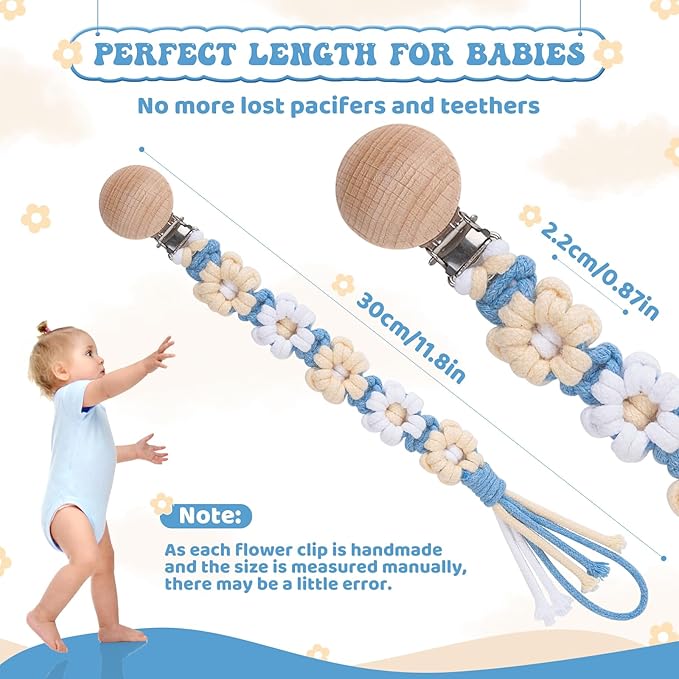 Pacifier Clip for Boys Girls Floral Daisy Macrame Baby Paci Clip Pacifier Holder Leash Boho Wooden Clips Handmade Braided Cotton Binky Clips (2pack:Daisy A & Blue Daisy B)