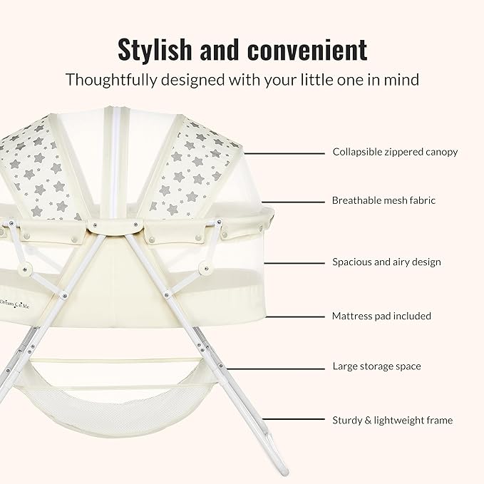 Dream On Me Karley Bassinet in French White, Lightweight Portable Baby Bassinet, Quick Fold and Easy to Carry , Adjustable Double Canopy, Indoor and Outdoor Bassinet with Large Storage Basket.