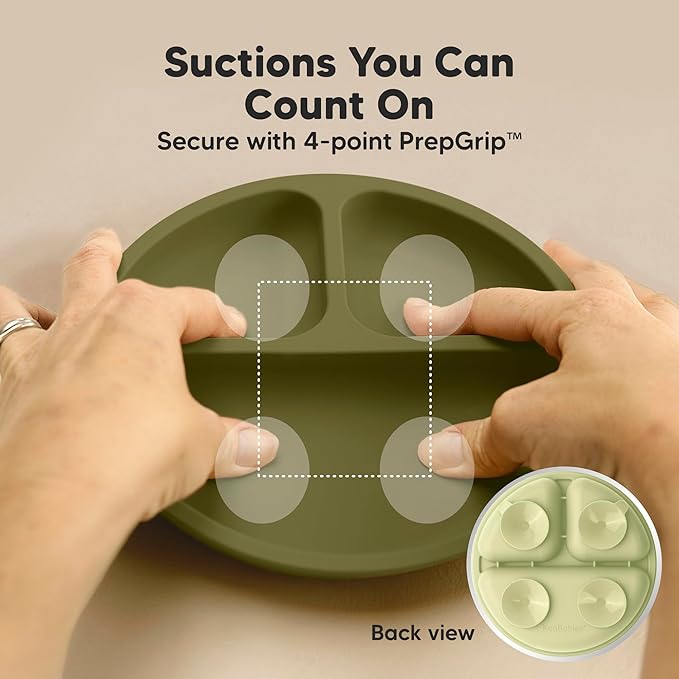 KeaBabies Suction Plates with Lids for Baby - 3-Pack 100% Silicone Toddler Plates with Suction, Divided, BPA-Free Baby Led Weaning Essentials for Kids, Dishwasher, Microwave Safe, Durable (Olives)