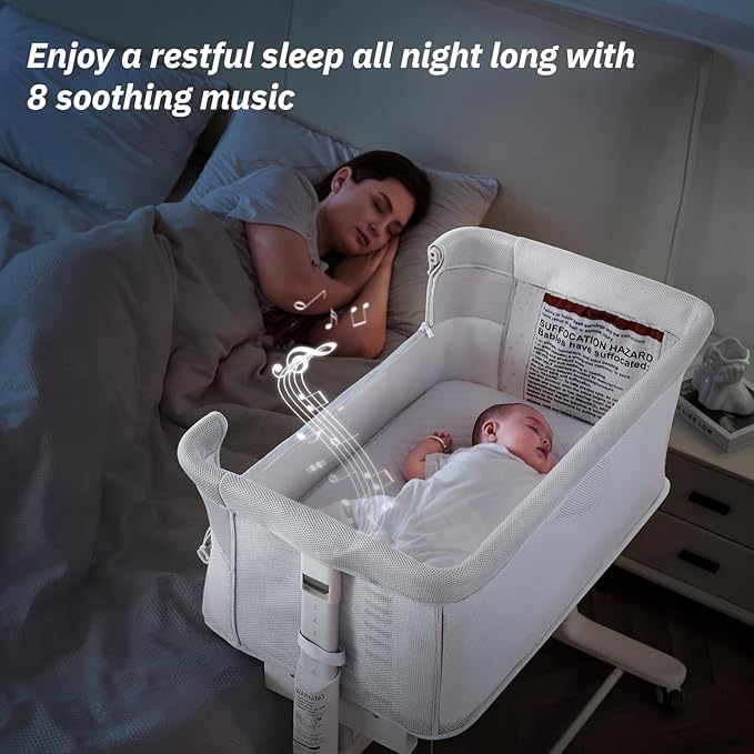Rocking Bassinet for Baby Automatic Bedside Crib Electric Cradle 5 Heights Adjustable Bedside Sleeper for Babies Infant Smart Auto Rocking Crib 3 in 1 Bassinet on Wheels, White