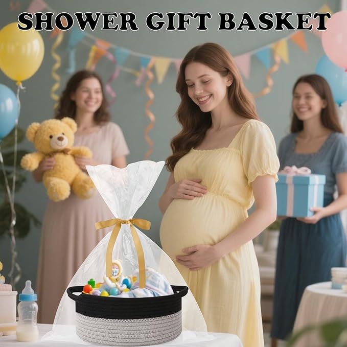 Gift Basket with Gift Bag and Ribbons,Small Rope Woven Shelf Storage,Baskets for Gifts Empty,Birthday,Shower,Decorative Organizer Box for Cat Dog Pet with Handles(Black&Grey)
