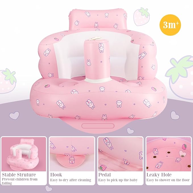Inflatable Baby Chair, Inflatable Baby Seat for Babies 3 Months and Up, Summer Blow Up Chair with Built in Air Pump, Infant Floor Seats for Learning to Sit, Palying, Camping, Strawberry