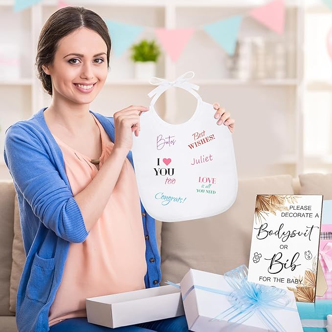 Roowest 35 Pcs Baby Shower Bibs Games Design Wooden Baby Shower Party Game Sign DIY Bodysuit Sign 15 White Blank Feeder Bibs 9 Newborn Bodysuit 10 Markers for Boys Girls(Boho)