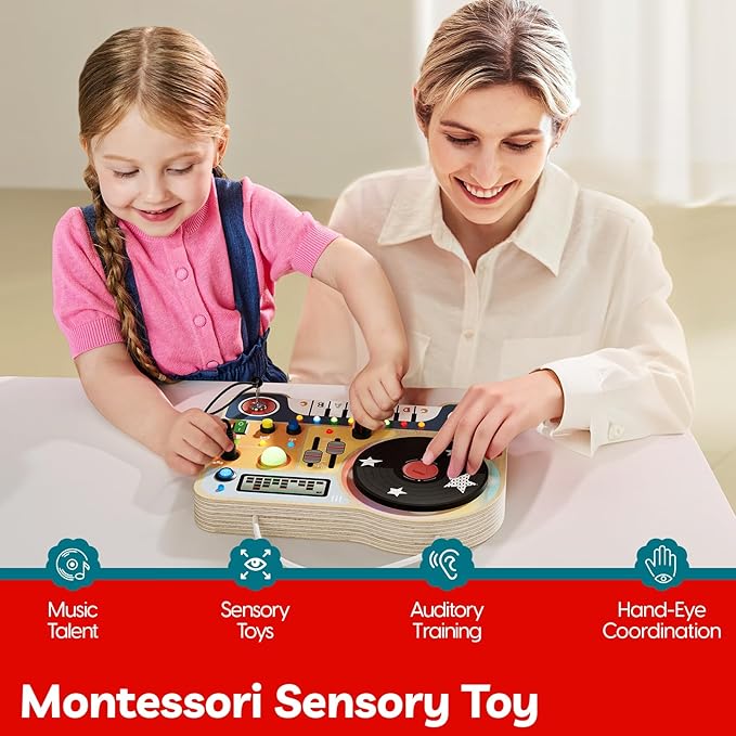 TOP BRIGHT DJ Busy Board with LED Light, Wooden Toddler Toys for 3 Year Old Boys and Girls, Montessori Sensory Toy with 6 Classic Songs 4 Sound Effects, Portable Travel Toy for 36M+