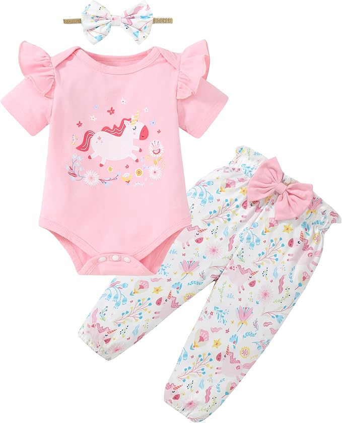 DISAUR Baby Girls Clothes Newborn Infant Baby Girls Outfit Long Sleeve Ruffle Romper Floral Pants Headband Sets 0-18 Months