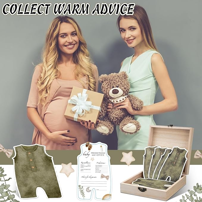 50 Pcs Double Side Green Cloth Baby Predictions & Advice Neutral Boy Cards for New Parents Baby Shower Games with Cards Wooden Keepsake Box for Wishes Decorations