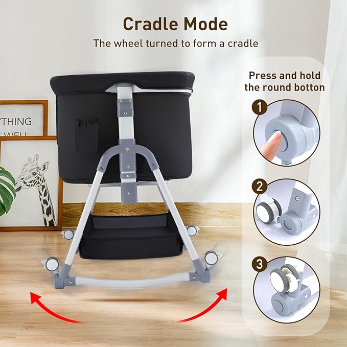 4 in 1 Bedside Bassinet for Baby, Portable Bassinets with Wheels, Baby Crib with Changing Station, Mattress Included and Storage, Foldable Travel Bassinet for Infant/Newborn- Black- Half Mesh