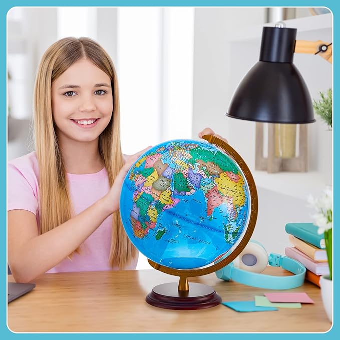 Amylove 13'' Illuminated World Globe for Adults 720°/360° Rotation Rewritable Light Up Globe with Stand World Map for Interactive Learning Light with Base Lamp LED Decor(Wood,Classic)