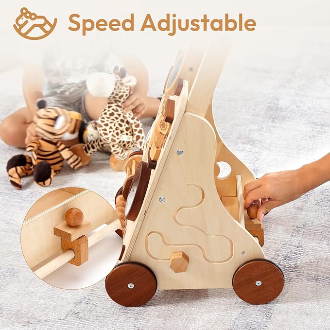 Wooden Baby Walker, Adjustable Speed Push Walker, Montessori Walker for Boys and Girls, Baby Activity Center, Sit to Stand, Toddler Push Toys for Babies 9-12 Months, 1 2 3 Year Old