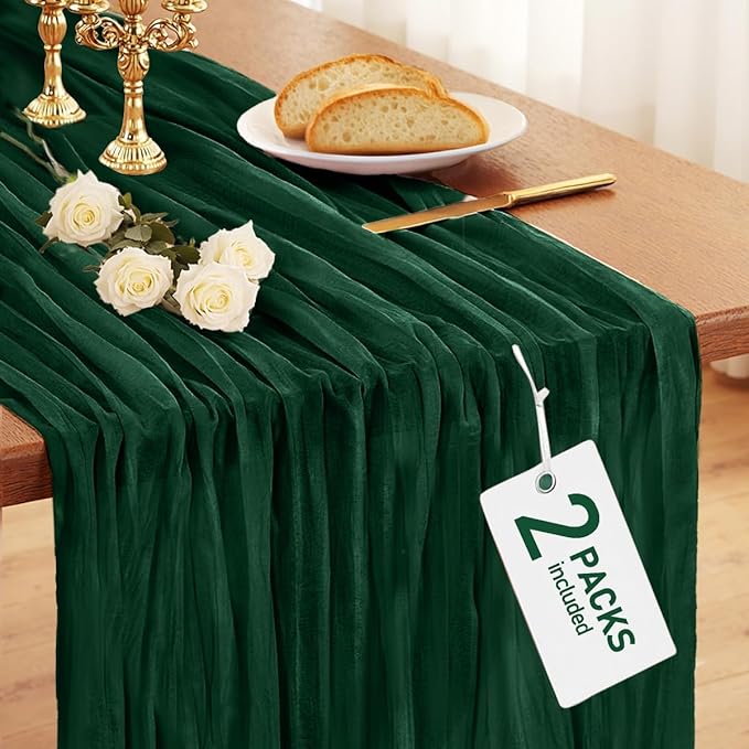 Pureegg 2-Pack Cheese Cloths Table Runner, 120'' Boho Table Cloth Decorations for Party, Baby Shower, Wedding and Farmhouse, Fabric Room Decor, Emerald Green