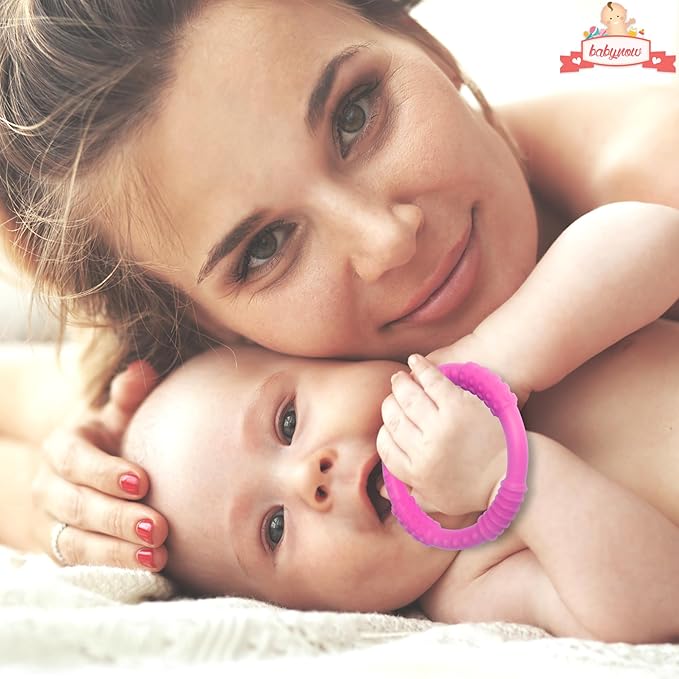 Babynow Teething Rings - Sensory Teether Ring Pacifiers for Baby 0-12 Months Sensory Chew Toy Safe Toddler Comforter Soother Infant Dummie Toy - Pink 2 Pack