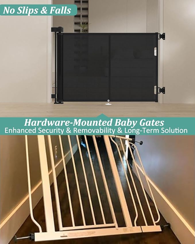 Upgraded 50" Retractable Baby Gates with Reinforced Strip Design to Prevent Crawling Through, 34" Tall Retractable Dog Gate, Retractable Gates for Stairs, Doorways, Hallways