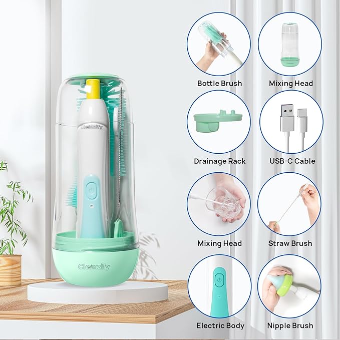 Electric Bottle Cleaner, Rechargeable Baby Bottle Cleaner Set for Travel, Waterproof with 2 Brush Heads, Straw Brush, Mixing Head, Storage Box
