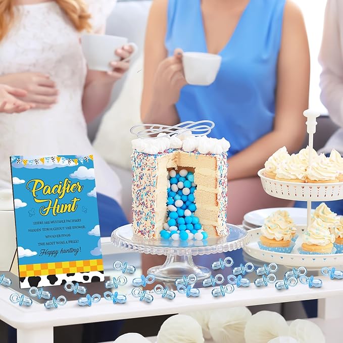 Thyle 51 Pcs Pacifier Hunt Baby Shower Games Include Hunt Sign and 50 Acrylic Pacifiers for Baby Shower Game Decoration Gift Sets Gender Reveal Party Decor(Blue Sky)
