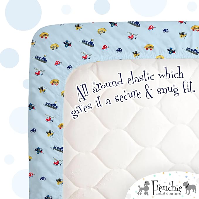 Fitted Crib Sheet Single, 100% Woven Cotton, Toddler Fitted Sheet, Fits Standard Size Baby Mattress 28 x 52 x 8in, Cars, Boats, & Planes (Light Blue)